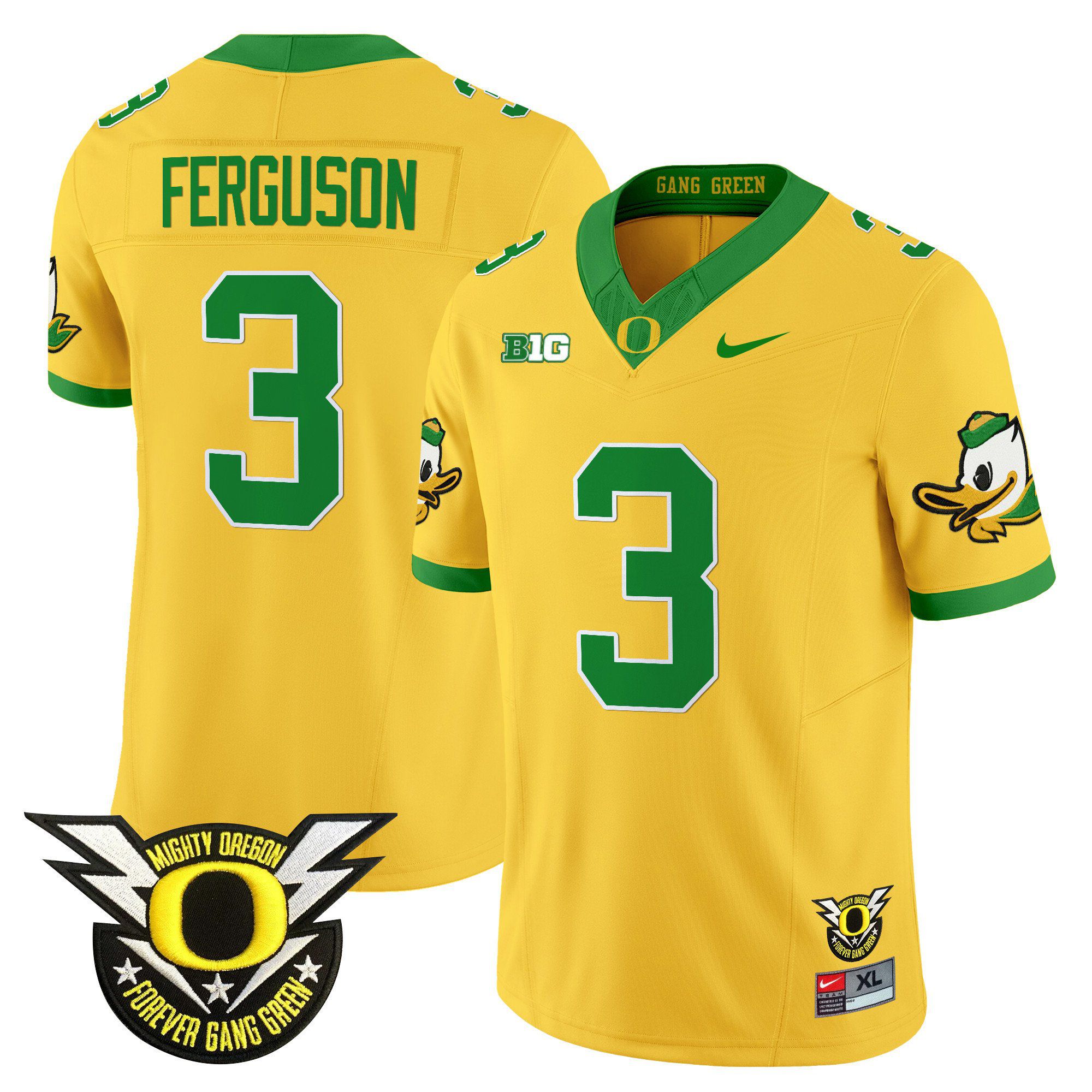 Men Oregon Ducks #3 Ferguson Yellow 2024 Nike Forever Gang Green & BIG Patch Vapor Limited NCAA Jersey